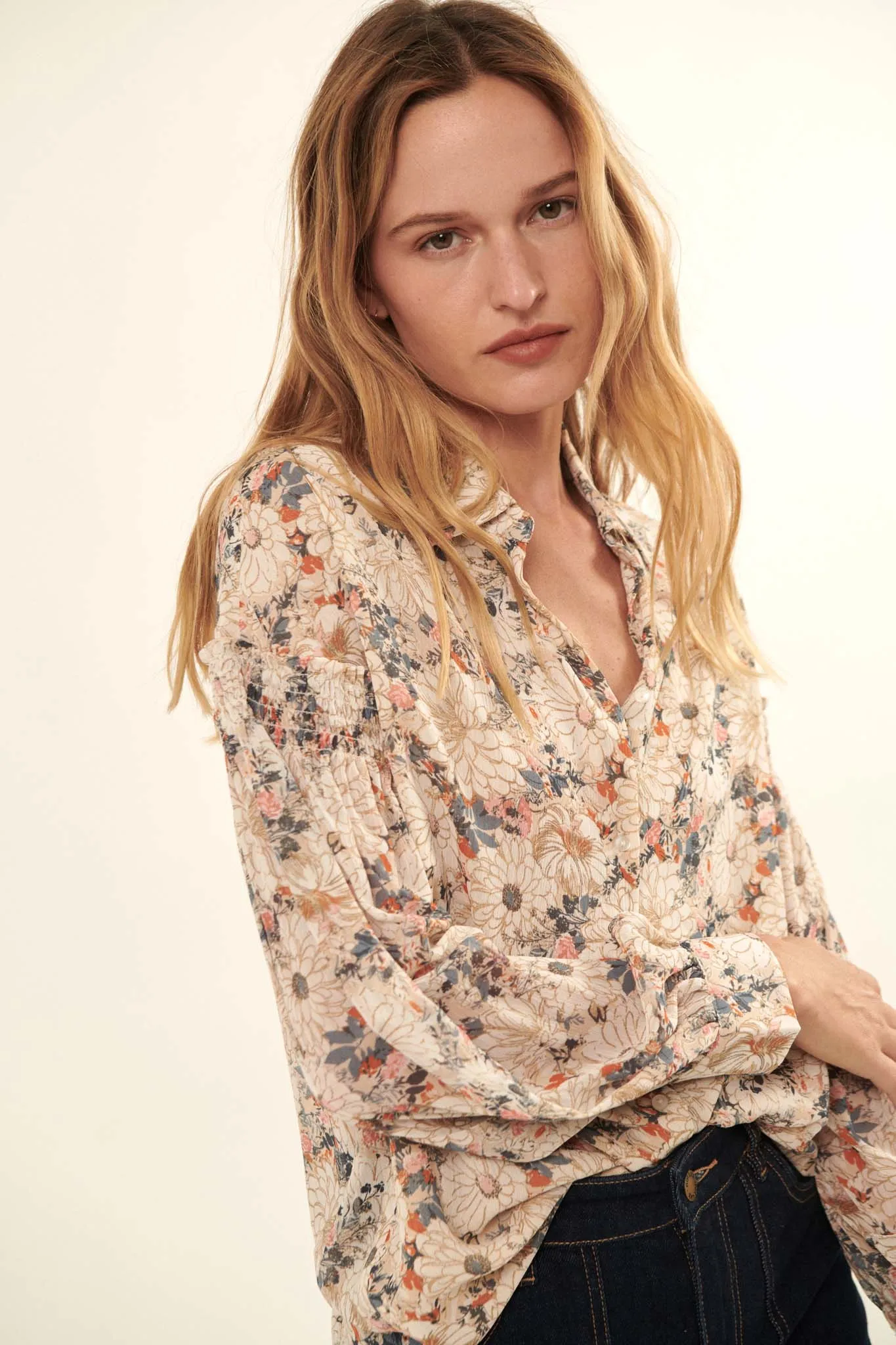 Embrace Me Smocked Floral Button-Front Shirt