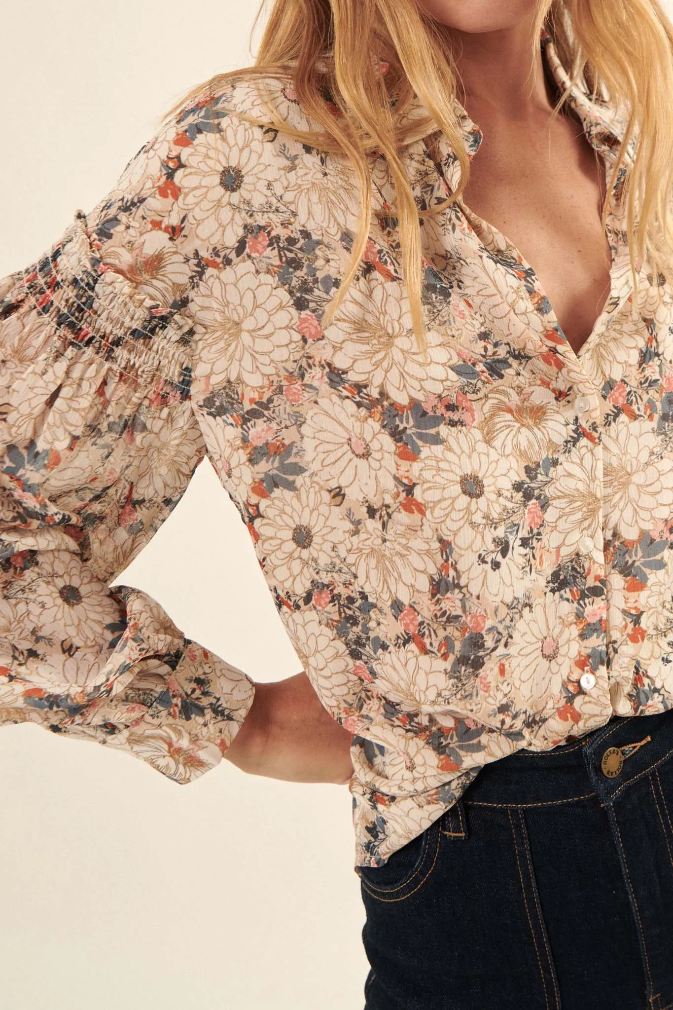 Embrace Me Smocked Floral Button-Front Shirt