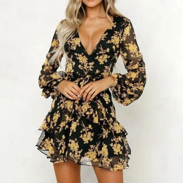 Floral Leaf Printed Lantern Sleeve Empire Dress