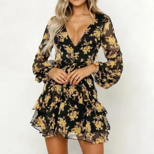 Floral Leaf Printed Lantern Sleeve Empire Dress