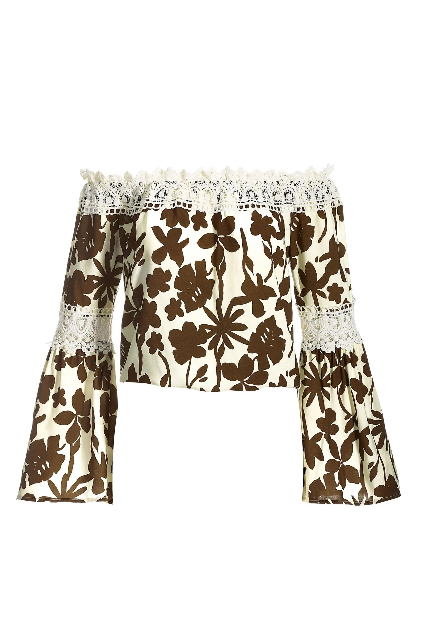 Floral Print Lace Detail Off The Shoulder Top Cream/Brown