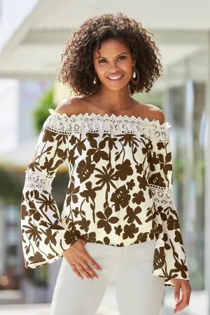 Floral Print Lace Detail Off The Shoulder Top Cream/Brown