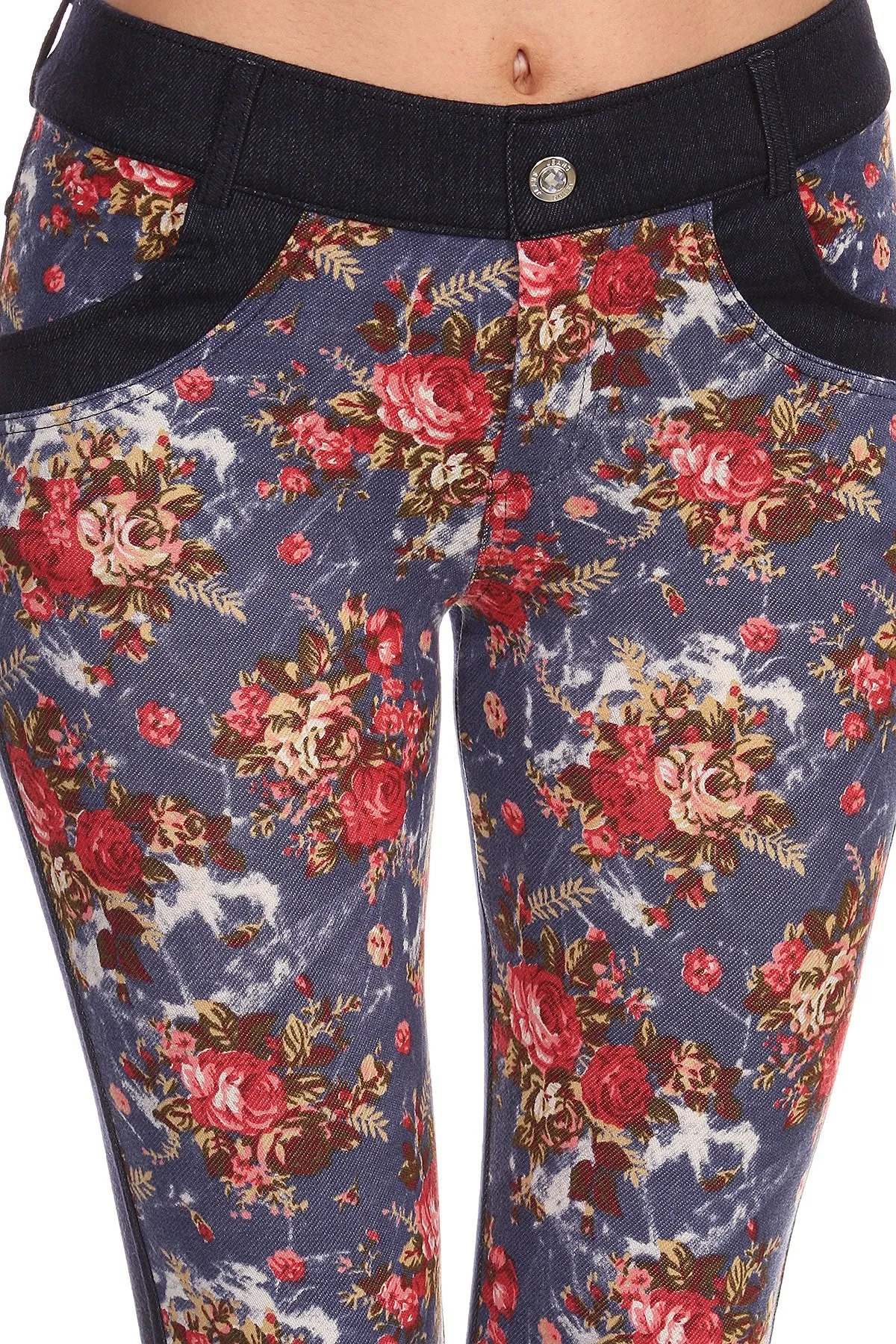 Floral printed slim fit pants with denim contrast