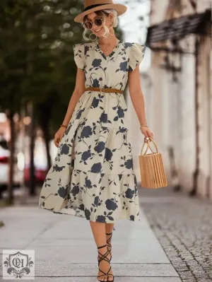 Floral V-Neck Flutter Sleeve Dress