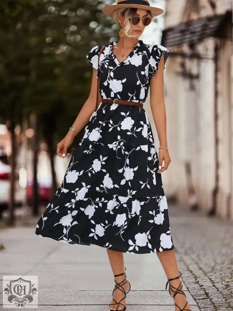 Floral V-Neck Flutter Sleeve Dress