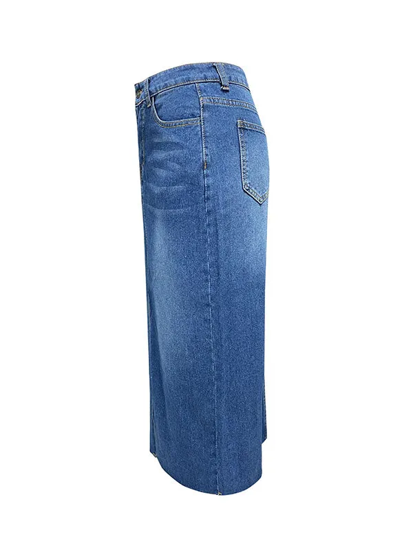 Fringed Pockets Split-Front A-Line High Waisted Skirts Bottoms