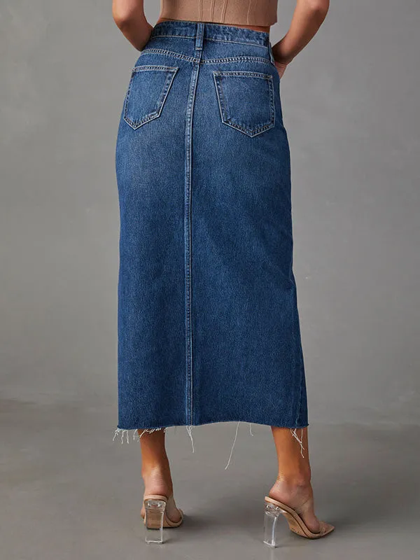 Fringed Pockets Split-Front A-Line High Waisted Skirts Bottoms