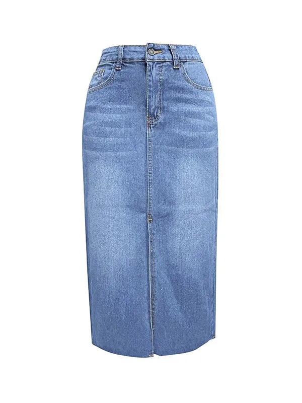 Fringed Pockets Split-Front A-Line High Waisted Skirts Bottoms