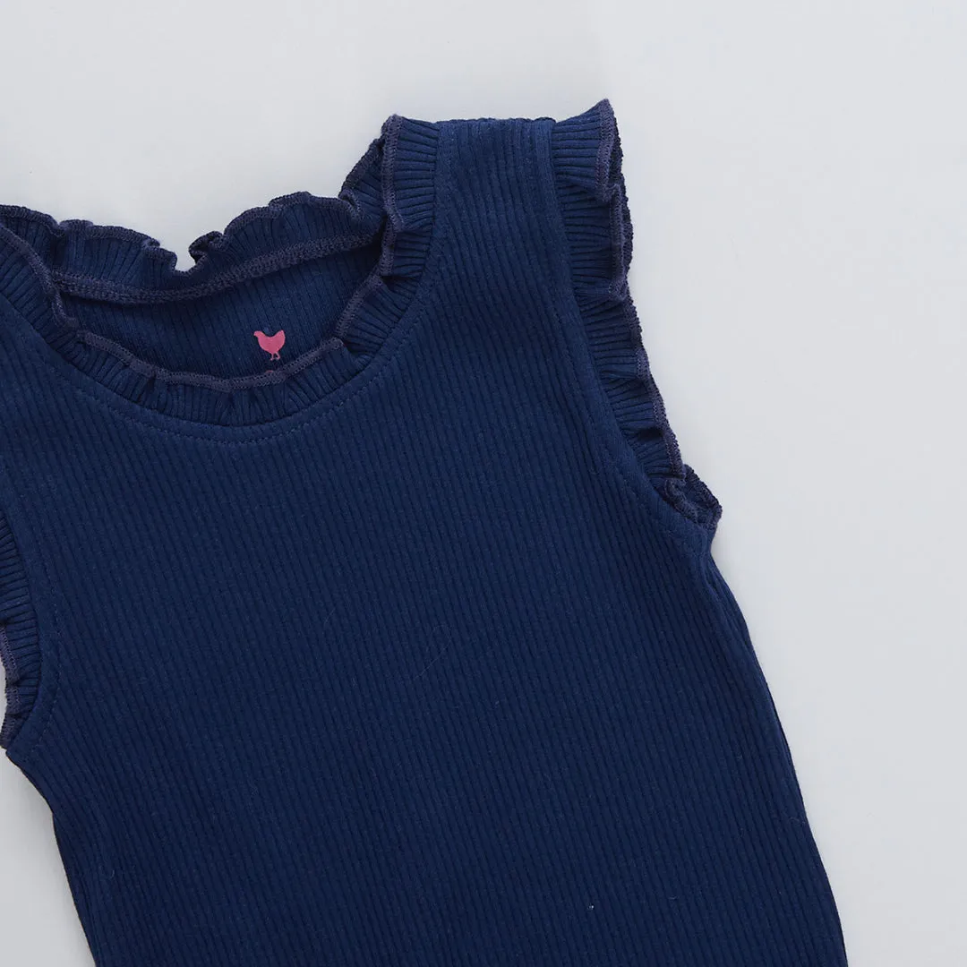 Girls Organic Ruffle Rib Tank - Navy