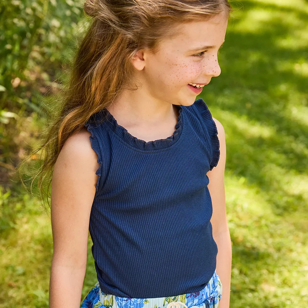 Girls Organic Ruffle Rib Tank - Navy