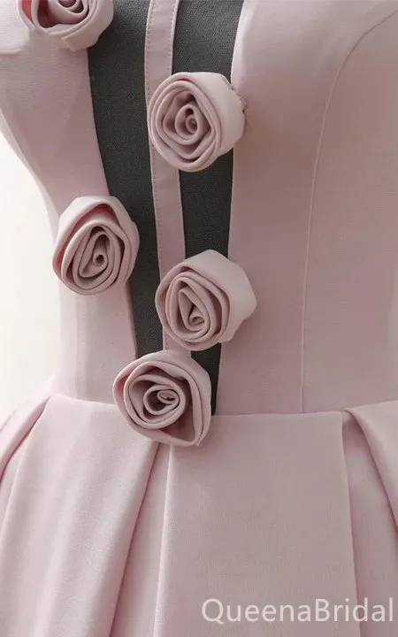 Gorgeous Light Pink A-line 3D Rose Lace up Back Midi Length Long Prom Dresses ,WGP1634