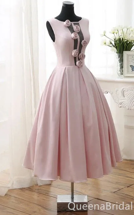 Gorgeous Light Pink A-line 3D Rose Lace up Back Midi Length Long Prom Dresses ,WGP1634