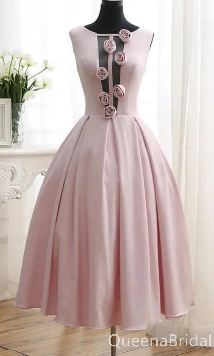 Gorgeous Light Pink A-line 3D Rose Lace up Back Midi Length Long Prom Dresses ,WGP1634