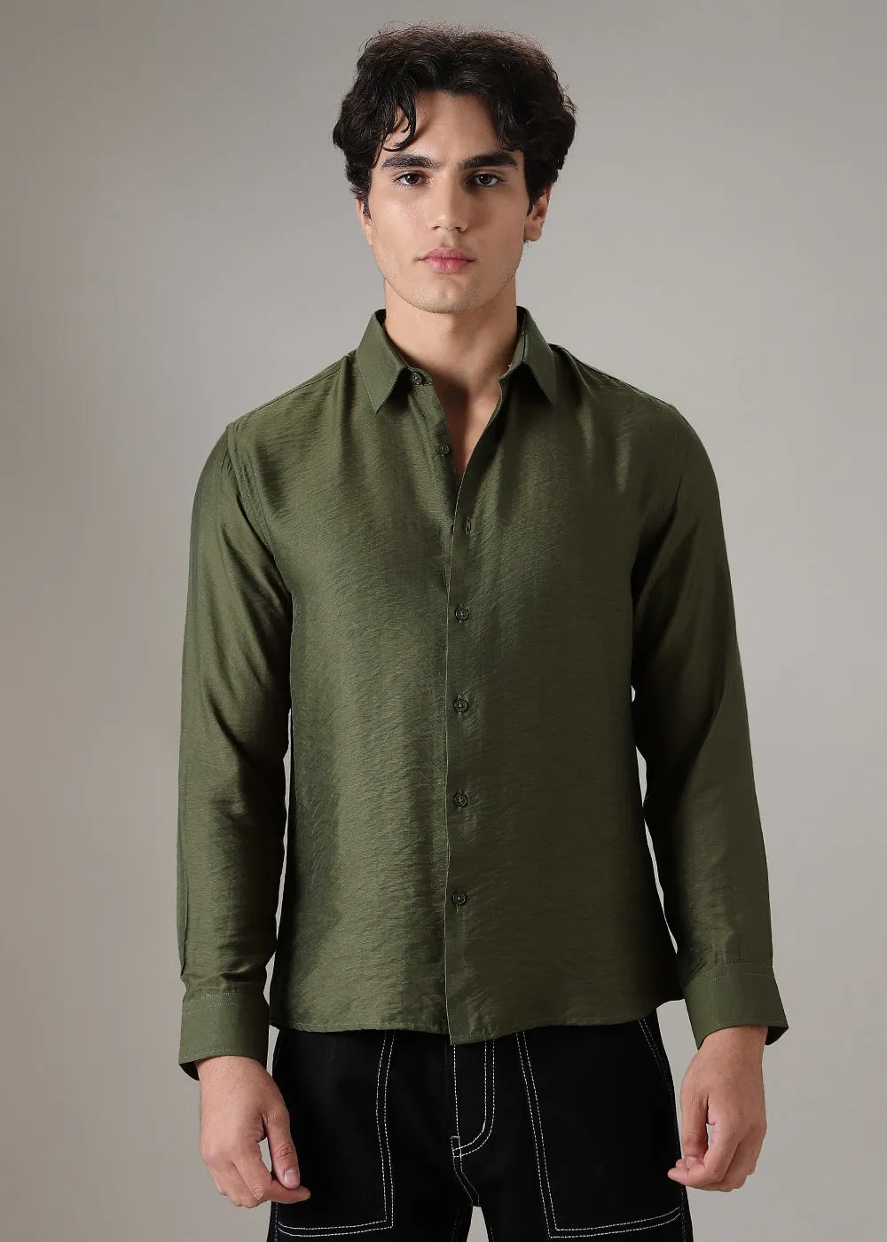 Green Crushed Satin Shirt