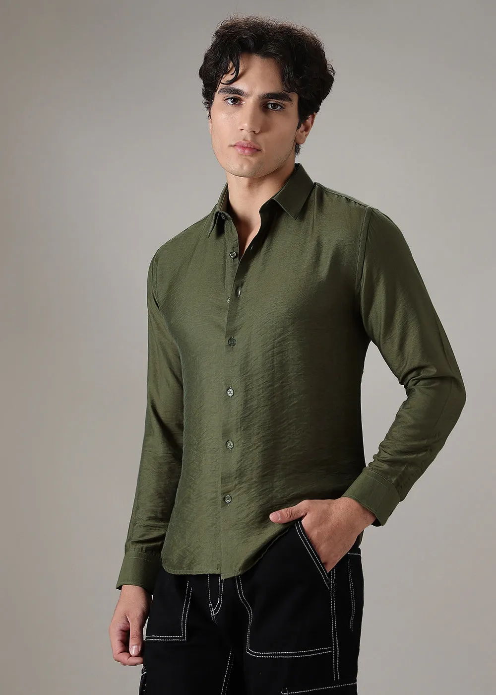 Green Crushed Satin Shirt