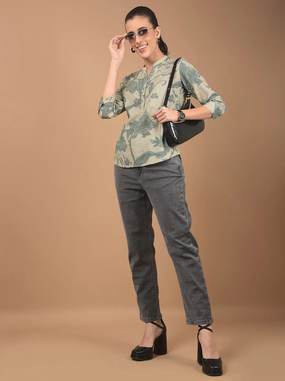 Green Floral Print Mandarin Collar Linen Top