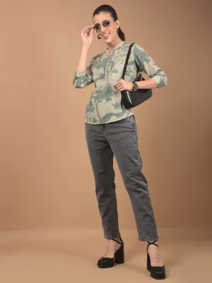 Green Floral Print Mandarin Collar Linen Top