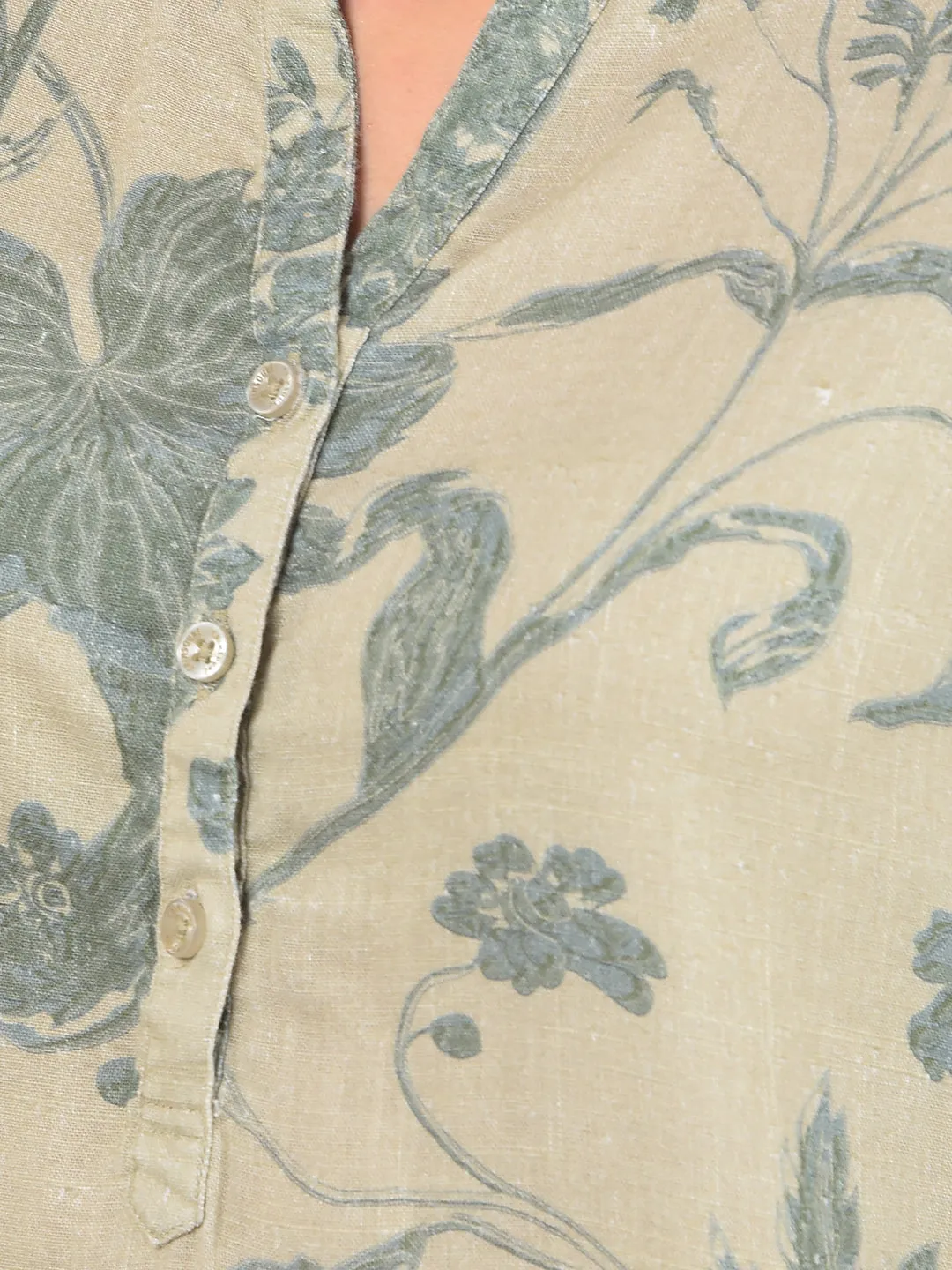Green Floral Print Mandarin Collar Linen Top