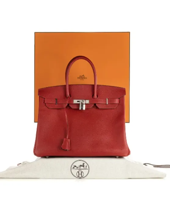 Herms Birkin 35 Rouge Epsom Leather Handbag with Palladium Hardware