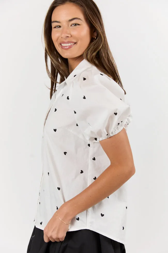 I Do Love You Ivory and Black Heart Print Short Sleeve Button Down Blouse SALE