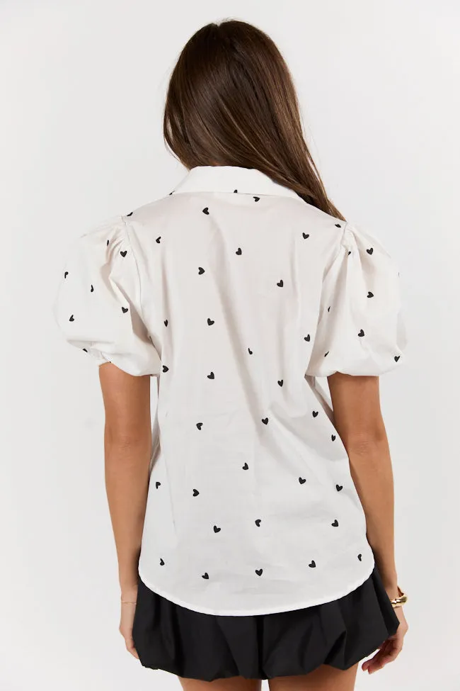 I Do Love You Ivory and Black Heart Print Short Sleeve Button Down Blouse SALE