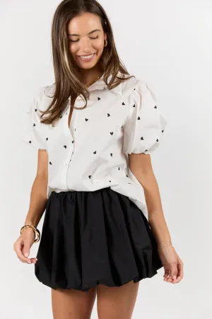 I Do Love You Ivory and Black Heart Print Short Sleeve Button Down Blouse SALE