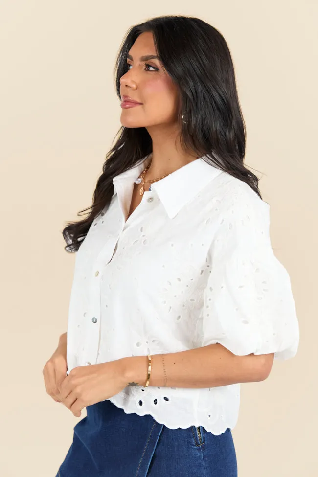 It's Delicate Ivory Eyelet Short Sleeve Button Down Blouse