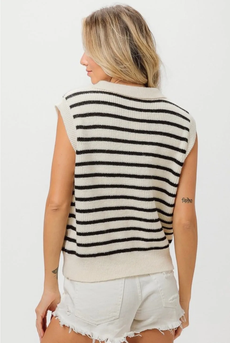 Ivory Flower Stripe Half Button Sweater Vest