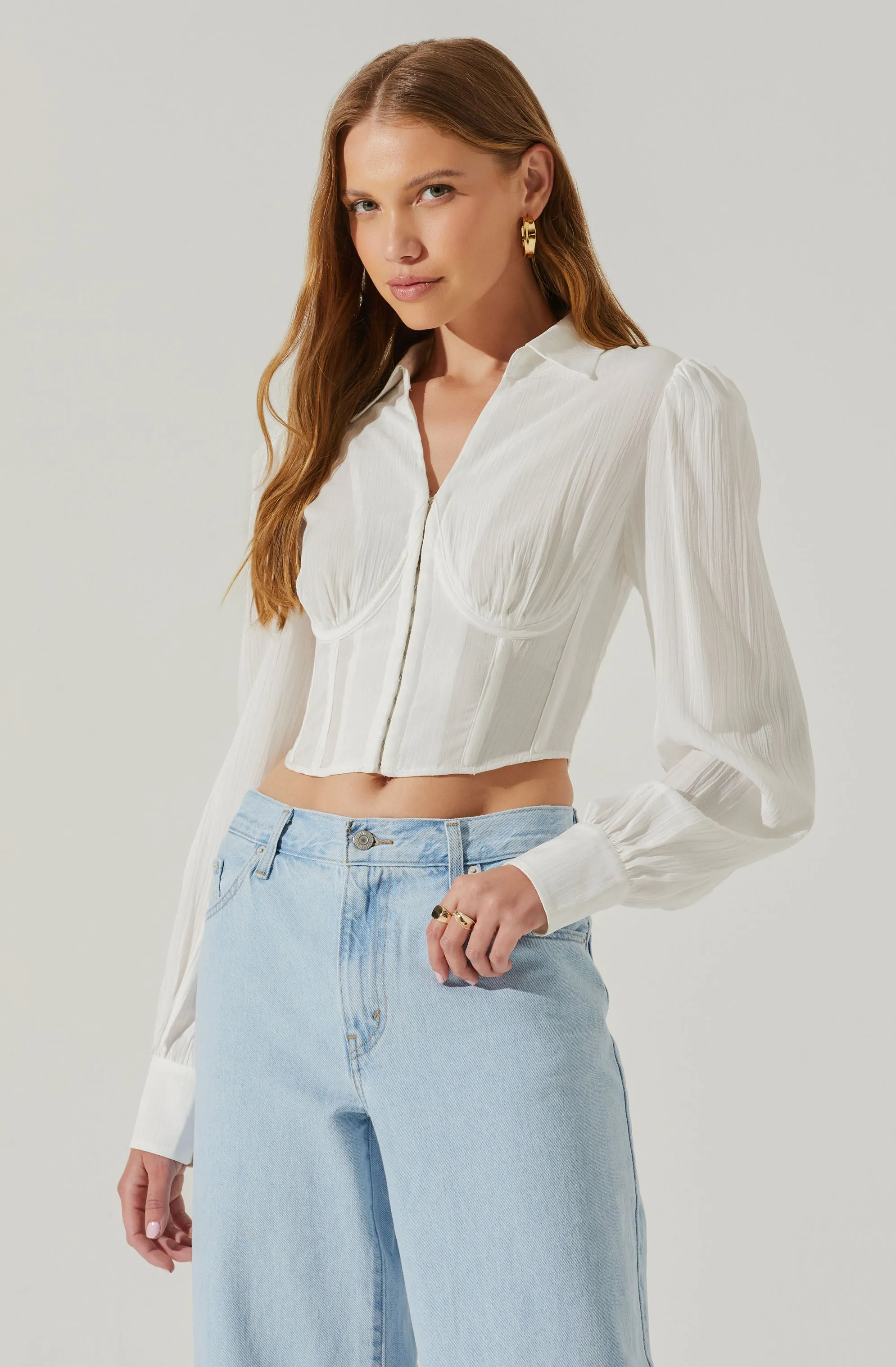 Joree Collared Long Sleeve Corset Top