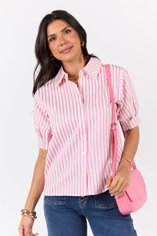 Just For Fun Pink Striped Button Down Short Sleeve Top