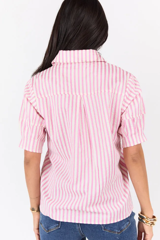 Just For Fun Pink Striped Button Down Short Sleeve Top
