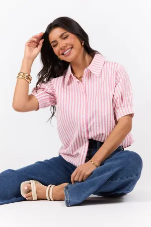 Just For Fun Pink Striped Button Down Short Sleeve Top