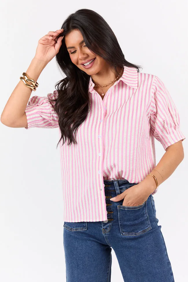Just For Fun Pink Striped Button Down Short Sleeve Top