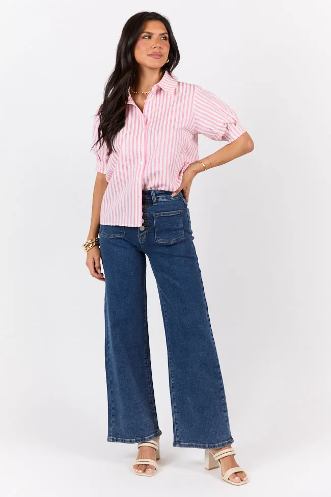 Just For Fun Pink Striped Button Down Short Sleeve Top