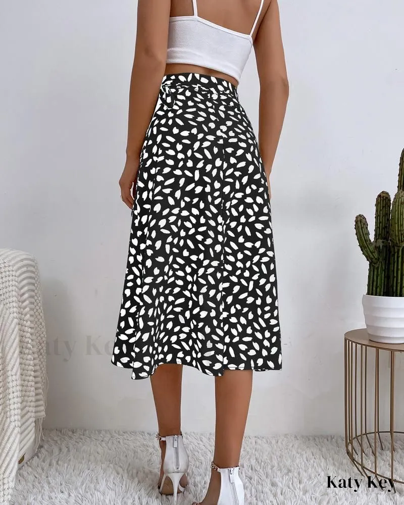 KatyKey - Botanical-Inspired Leaf Print Wrap Skirt with Stylish Tie Detail