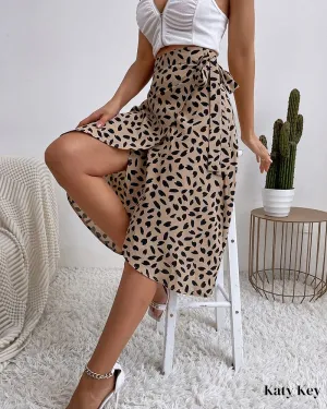 KatyKey - Botanical-Inspired Leaf Print Wrap Skirt with Stylish Tie Detail