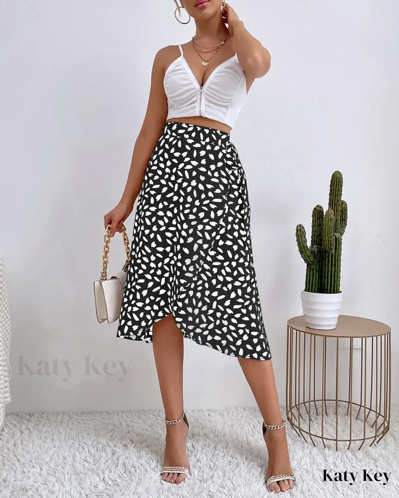 KatyKey - Botanical-Inspired Leaf Print Wrap Skirt with Stylish Tie Detail