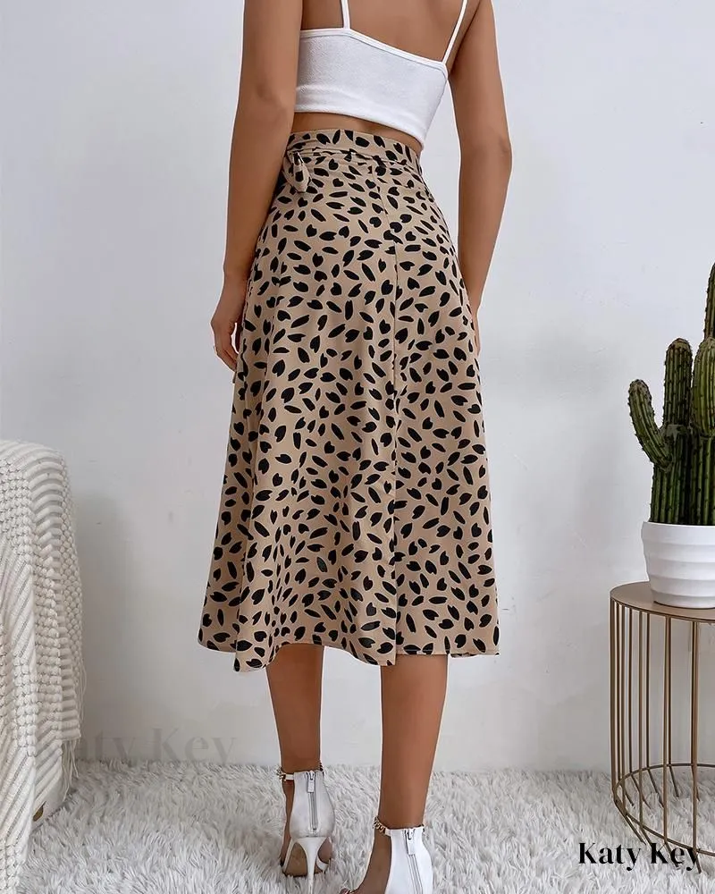 KatyKey - Botanical-Inspired Leaf Print Wrap Skirt with Stylish Tie Detail