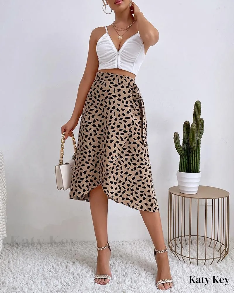 KatyKey - Botanical-Inspired Leaf Print Wrap Skirt with Stylish Tie Detail