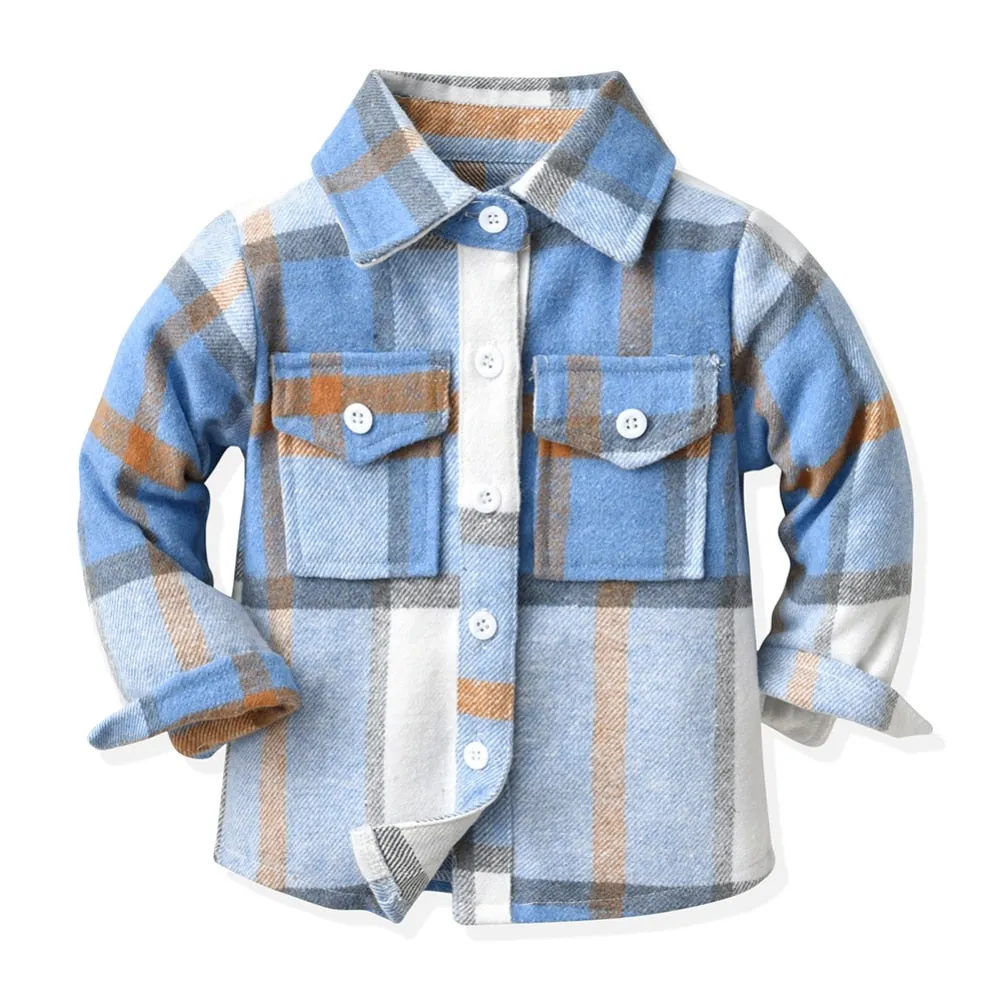 Kids Boys Long Sleeve Classic Plaid Cotton Shirts