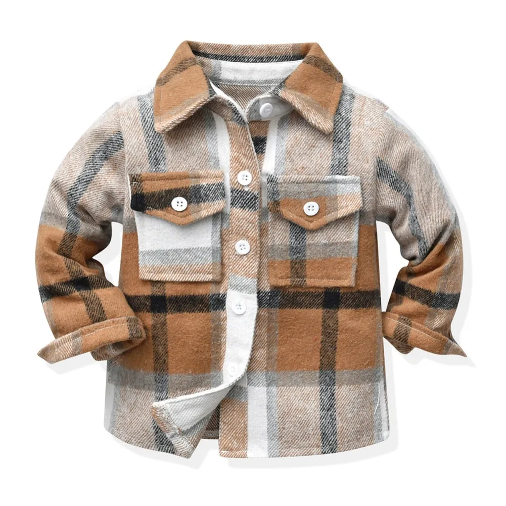 Kids Boys Long Sleeve Classic Plaid Cotton Shirts