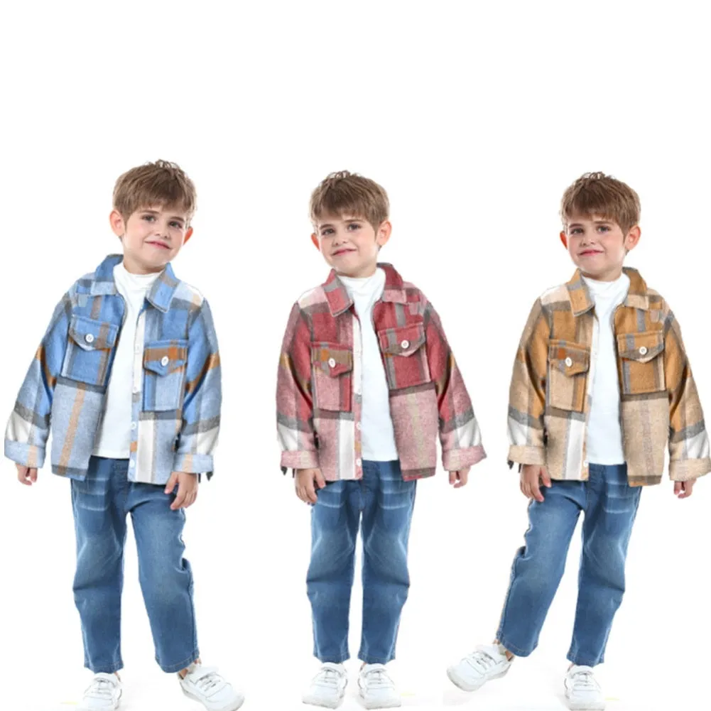 Kids Boys Long Sleeve Classic Plaid Cotton Shirts
