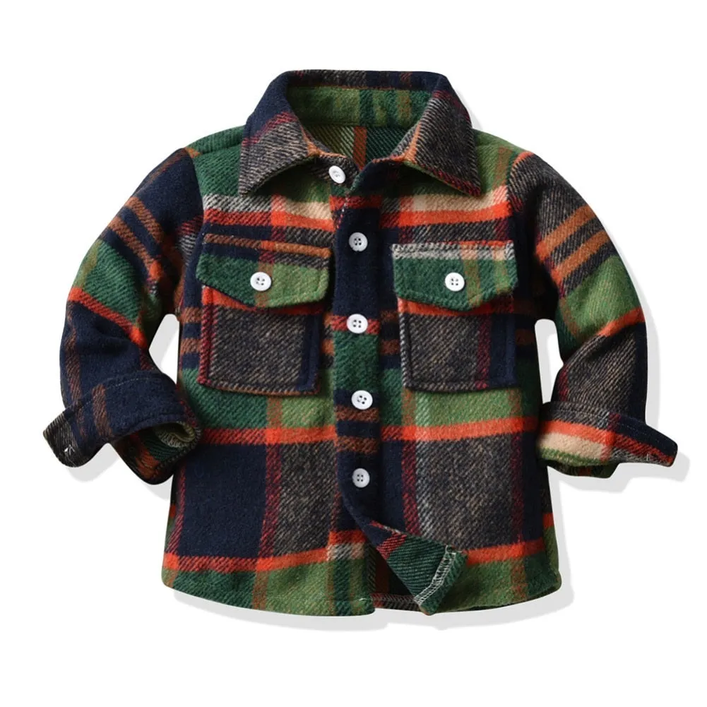 Kids Boys Long Sleeve Classic Plaid Cotton Shirts