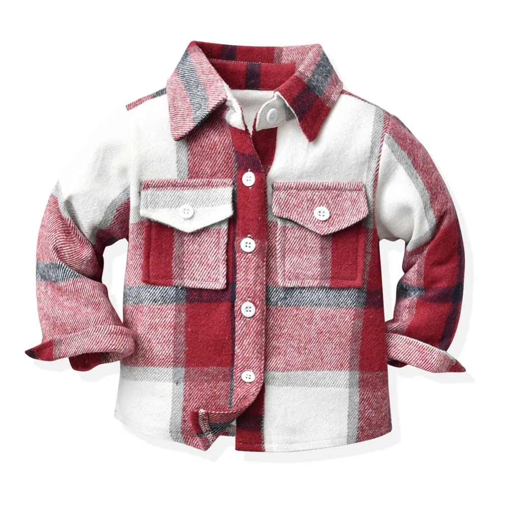 Kids Boys Long Sleeve Classic Plaid Cotton Shirts