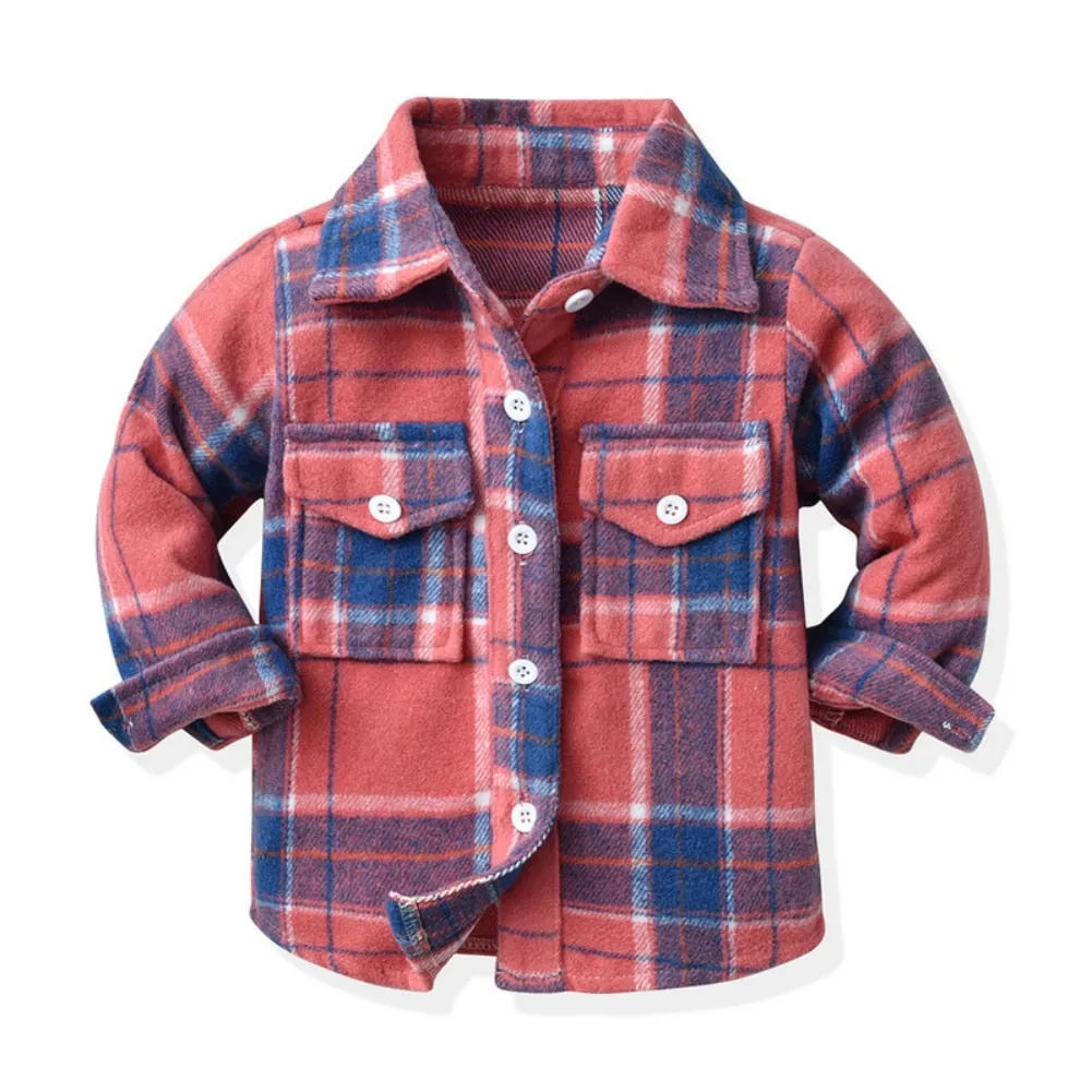Kids Boys Long Sleeve Classic Plaid Cotton Shirts