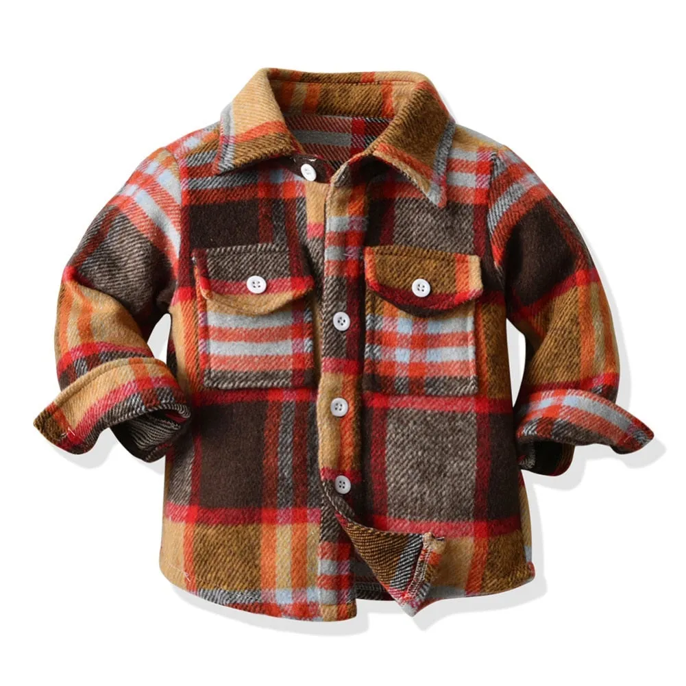 Kids Boys Long Sleeve Classic Plaid Cotton Shirts