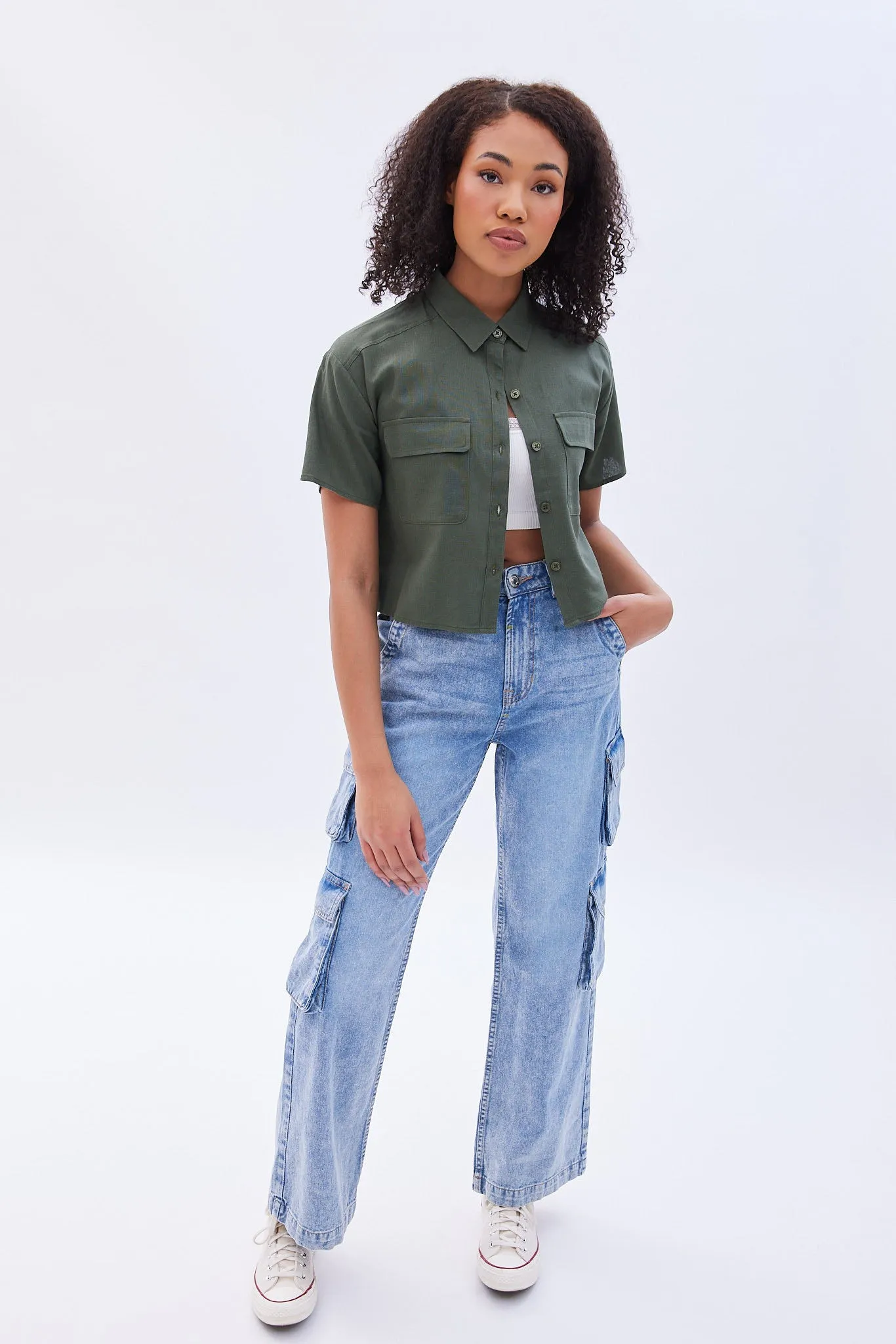 Linen-Blend Cropped Short Sleeve Shirt