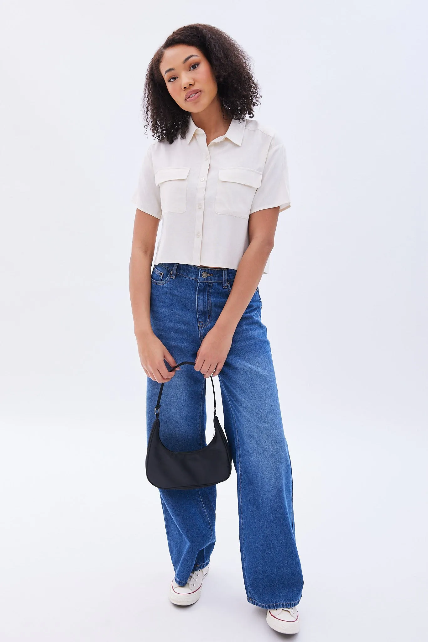 Linen-Blend Cropped Short Sleeve Shirt