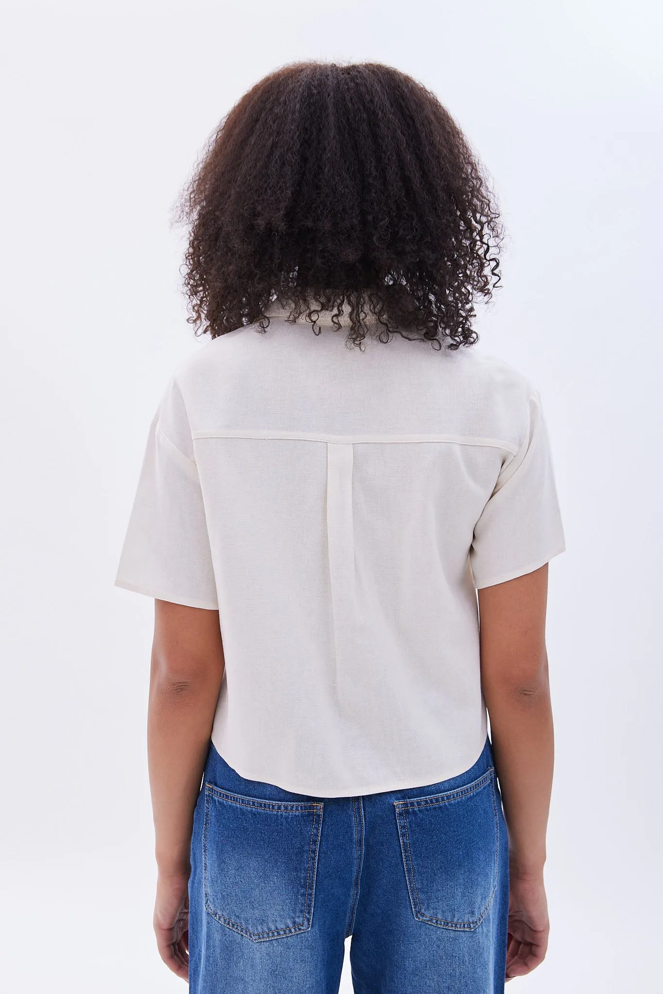 Linen-Blend Cropped Short Sleeve Shirt