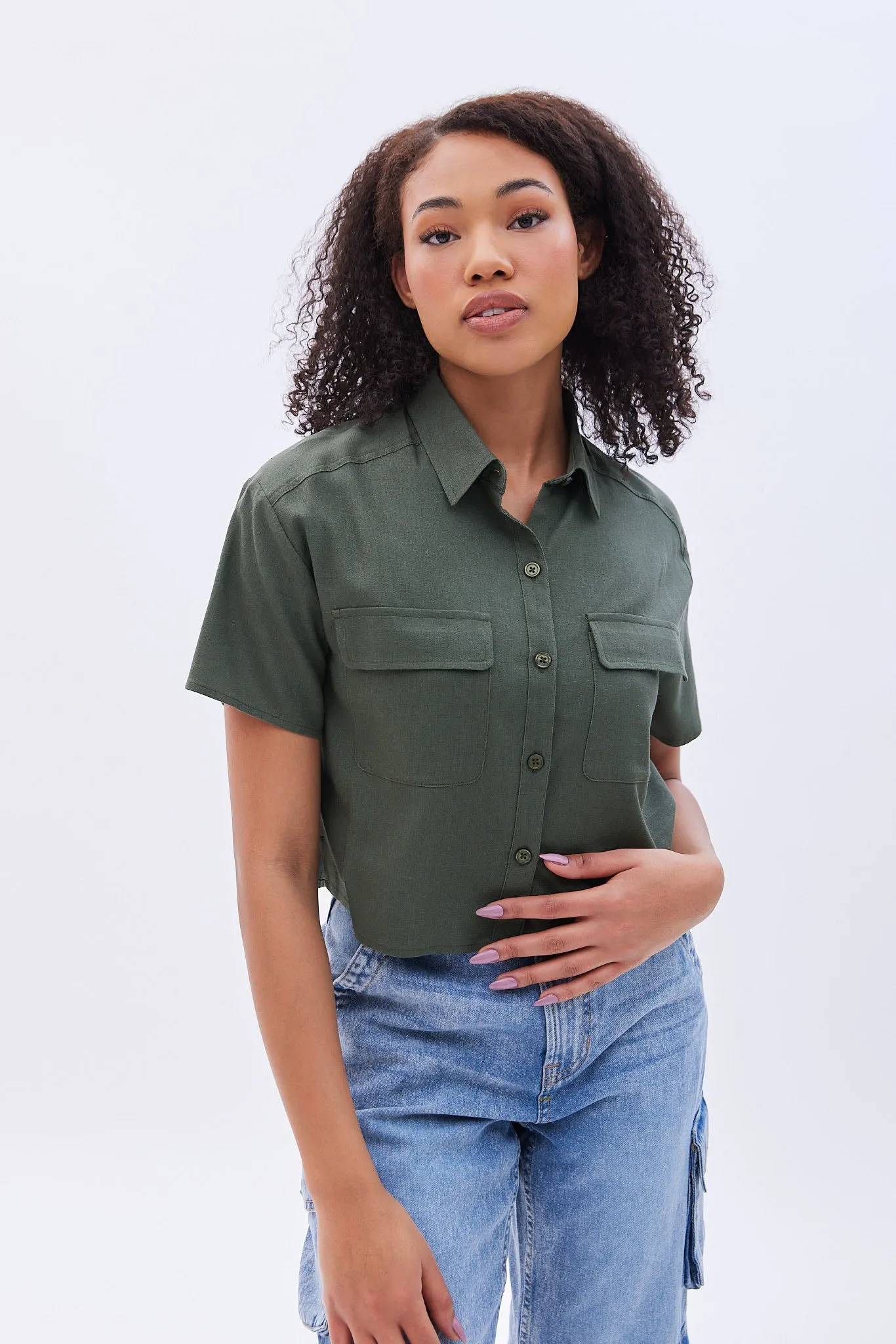 Linen-Blend Cropped Short Sleeve Shirt